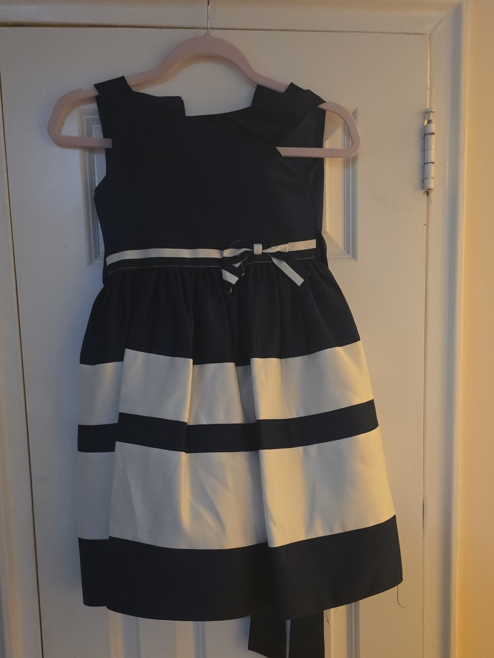 Navy and White Striped Girls' Formal Dress with Bow Waist